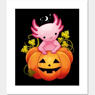 Cute halloween axolotl inside the pumpkin Posters and Art